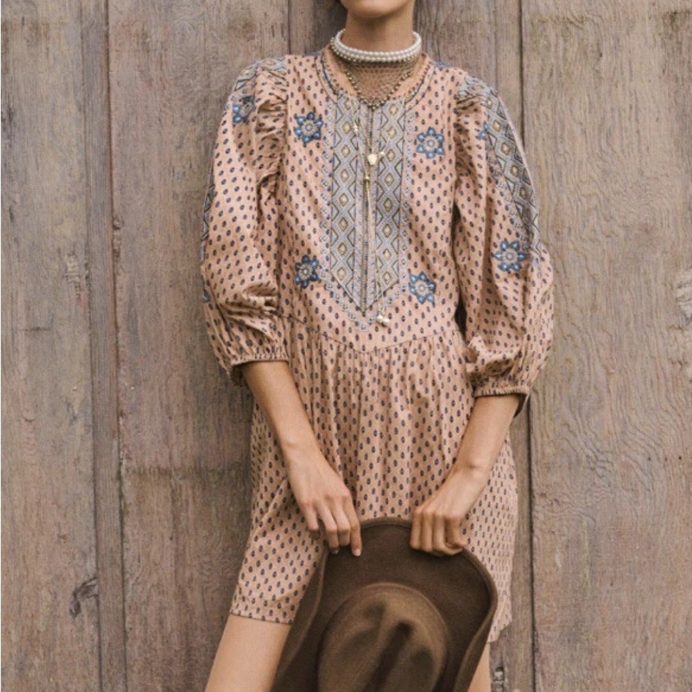 Anthropologie Embroidered Dress with Blue and Pink